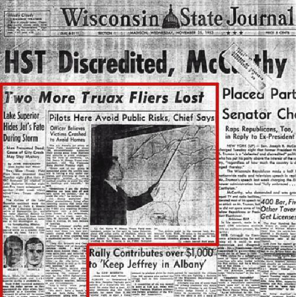 Vào năm 1953, Mỹ đã phái một máy bay phản lực 2 người lái đi điều tra một UFO, nhưng rốt cuộc chiếc máy bay này đã biến mất không tăm tích. Radar đã quan sát được chiếc máy bay phản lực hợp nhất với UFO trước khi biến mất.