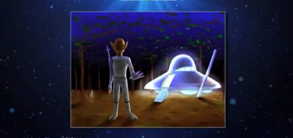 Quá hoảng sợ, hai em đã định chạy về nhà, nhưng UFO vẫn bám theo không rời nên hai cậu bé chạy đến một nghĩa trang thuộc quản lý của ngôi đền và nấp sau một tấm bia mộ cao.