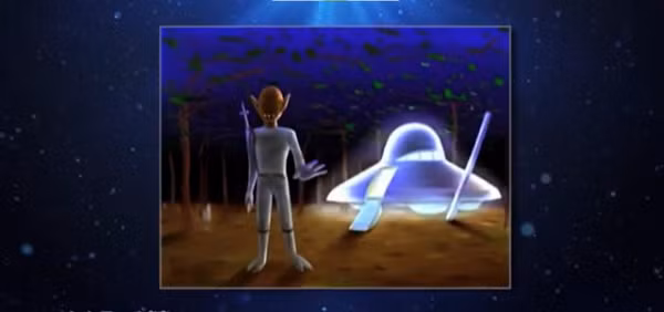 Quá hoảng sợ, hai em đã định chạy về nhà, nhưng UFO vẫn bám theo không rời nên hai cậu bé chạy đến một nghĩa trang thuộc quản lý của ngôi đền và nấp sau một tấm bia mộ cao.