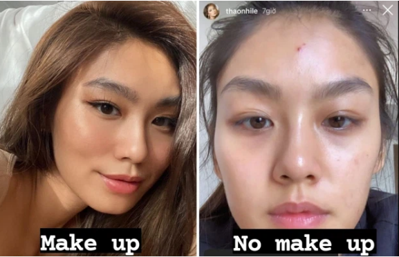 Khác với vẻ long lanh trong những bức ảnh mà cô thường xuyên đăng trên MXH, mặt mộc của hot girl Việt này cũng có sự xuất hiện của quầng thâm và mụn.