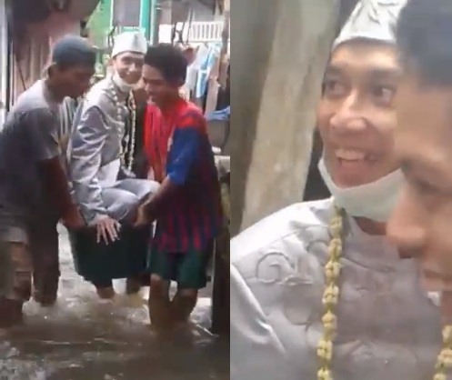 Được biết, đây chính là cách người thân nghĩ ra để cho cặp đôi không phải lội nước, tránh làm ướt lễ phục. Trên đường ra ngoài, cô dâu được người nhà che ô cẩn thận và được ôm hôn chúc phúc.