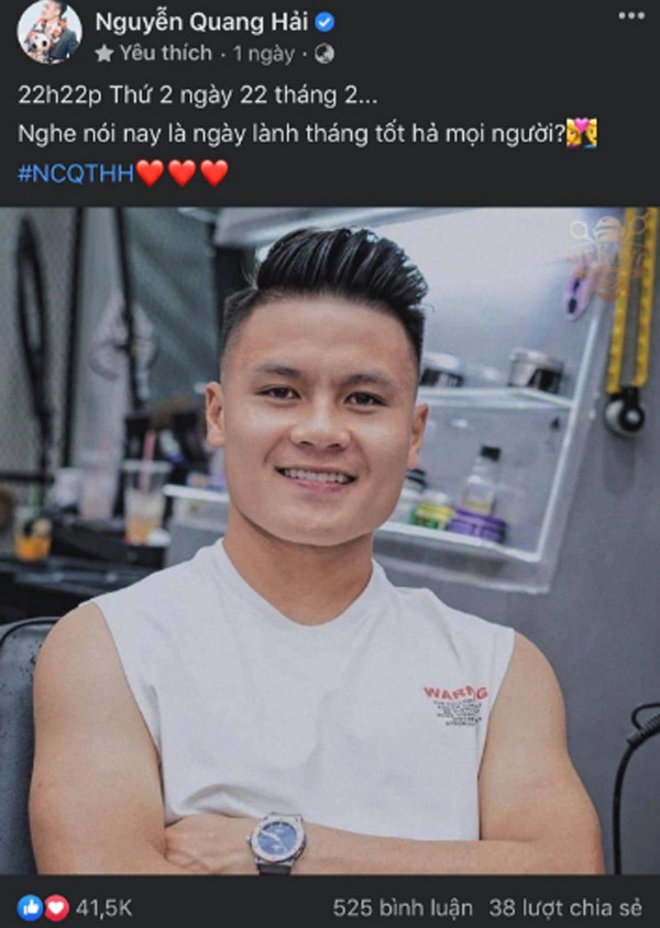 Theo đó trên trang cá nhân, tiền vệ Quang Hải khoe hình ảnh mới về bản thân, kèm hashtag #NCQTHH cùng 3 trái tim đỏ chót.