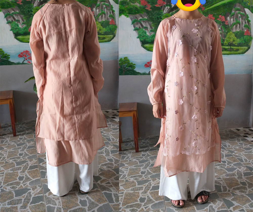 Theo như hình ảnh mà cô gái đăng tải, áo dài nhận về tay khác hoàn toàn ảnh thật từ màu sắc cho đến kiểu dáng. Nhìn bộ áo dài không chút cảm tình này, cô nàng chỉ biết ngậm ngùi nhắn tin, hi vọng shop giải quyết. Ảnh: A.T