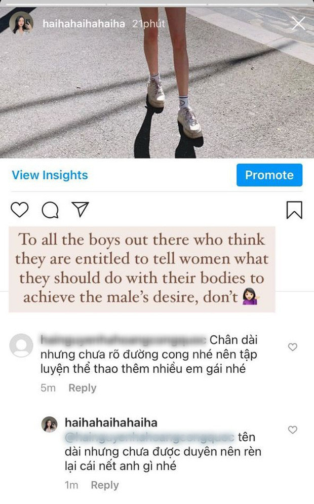 Chuyện là khi một người đã bình luận về vóc dáng của cô nàng rằng chân dài nhưng chưa rõ đường cong, Hải Hà đã "cà khịa" lại: "Tên dài nhưng chưa được duyên nên rèn cái nết lại anh nhé". Ảnh: Tổng hợp