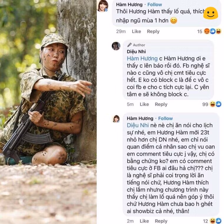 Cụ thể, trong khi rất nhiều fan của nữ diễn viên vô cùng hào hứng và mong đợi xem diễn biến của 6 cô gái ở ngày thứ 4 nhập ngũ thì "thánh comment dạo" Hàm Hương lại bình luận rất kém duyên: "Thôi Hương Hàm thấy lố quá, thích Sao nhập ngũ mùa 1 hơn".