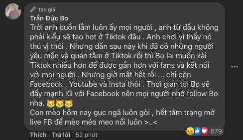 Trần Đức Bo lo lắng thông báo với mọi người: 'Không biết nên khóc hay cười trừ đây? Kênh TikTok của mình lại bị xoá nữa rồi mọi người ơi! Clip mình đăng lên mấy tháng gần đây hầu như là ăn mặc bình thường, có lúc sẽ mặc đồ con gái chứ không có hở hang hay vuốt ve gợi cảm gì...