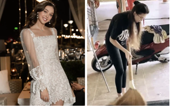 Cư dân mạng đều cảm thấy thú vị trước màn "biến hóa" khó ngờ của nữ người mẫu, nào dép lê, trên tay chổi quét hay tóc búi giản dị.