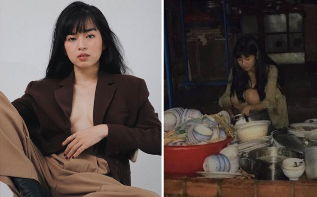 Hot girl "Mắt biếc" Khánh Vân khi về nhà thì cũng rửa chén giống như mọi người với trang phục giản dị.