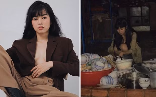 Hot girl "Mắt biếc" Khánh Vân khi về nhà thì cũng rửa chén giống như mọi người với trang phục giản dị.