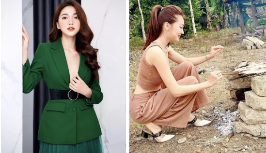 Người đẹp Ngọc Nữ vẫn rất xinh đẹp dù về quê nấu nướng giữa khung cảnh đất cát. Ảnh: Tổng hợp