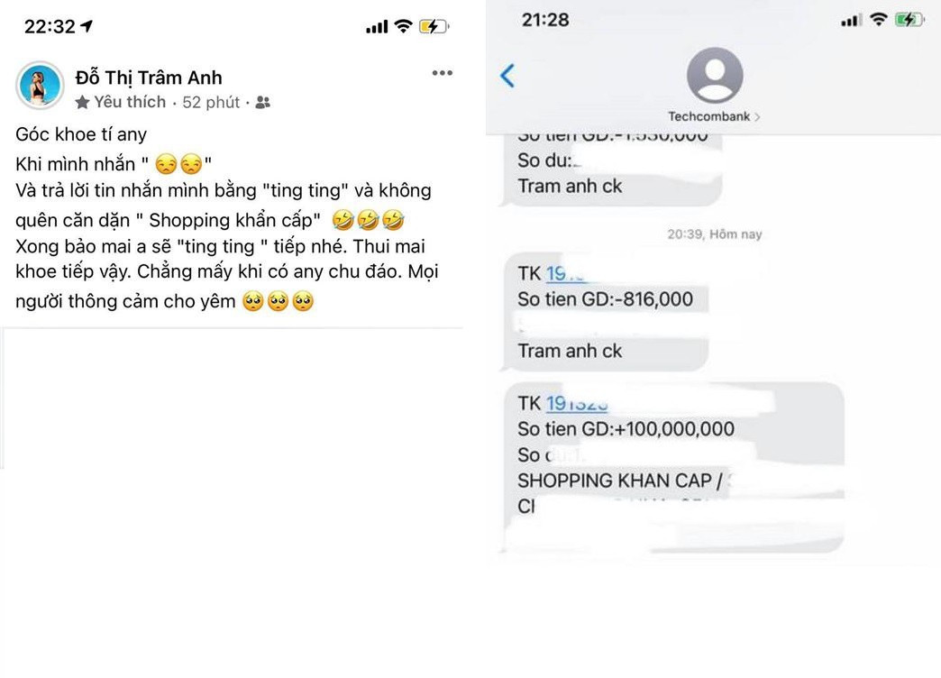 Ngoài ra, Trâm Anh cũng từng tiết lộ người chuyển tiền cho cô chính là bạn trai, đó là ảnh chụp màn hình tài khoản vừa nhận được 100 triệu với nội "shopping khẩn cấp" từ người gửi.