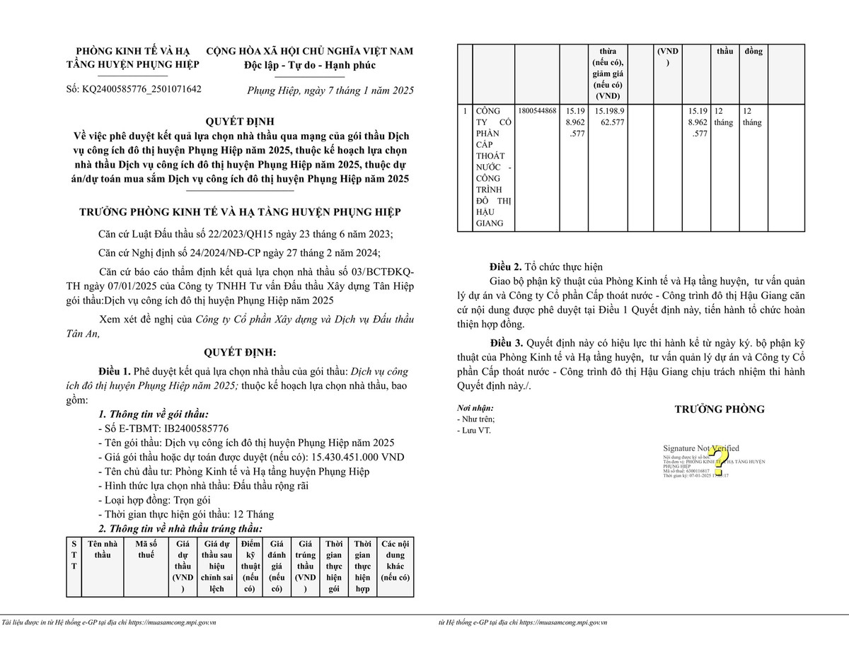 Hậu Giang: Công khai kết quả lựa chọn nhà thầu DVCI huyện Phụng Hiệp Hau Giang: Cong khai ket qua lua chon nha thau DVCI huyen Phung Hiep