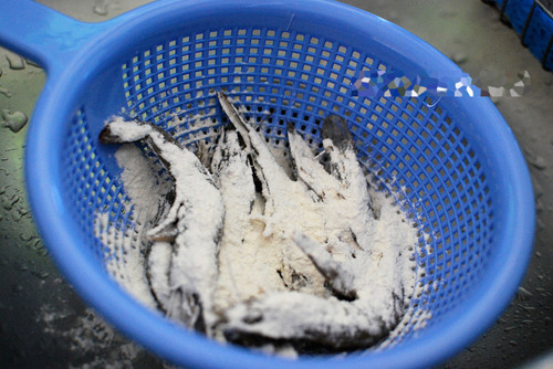 Giữ nguyên chảo trên bếp, lấy gói bột chiên khô cắt và đổ ra bát, lần lượt gắp từng con tôm lăn qua bột chiên khô rồi cho vào chảo rán vàng đều tới khi hết tôm. Ảnh:Phunuonline