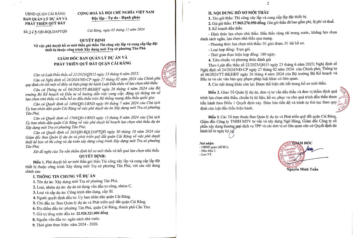 Can Tho: Lien danh nao trung goi thau thi cong tru so phuong Tan Phu?