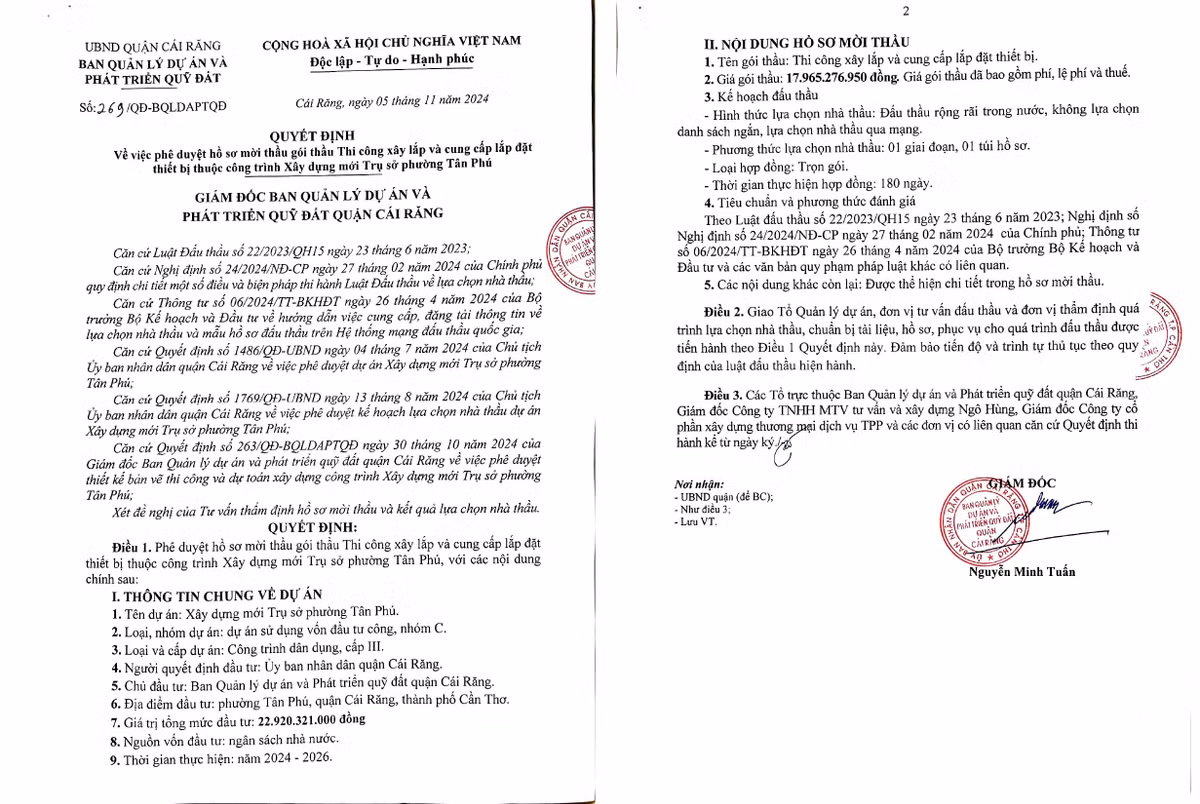 Can Tho: Lien danh nao trung goi thau thi cong tru so phuong Tan Phu?