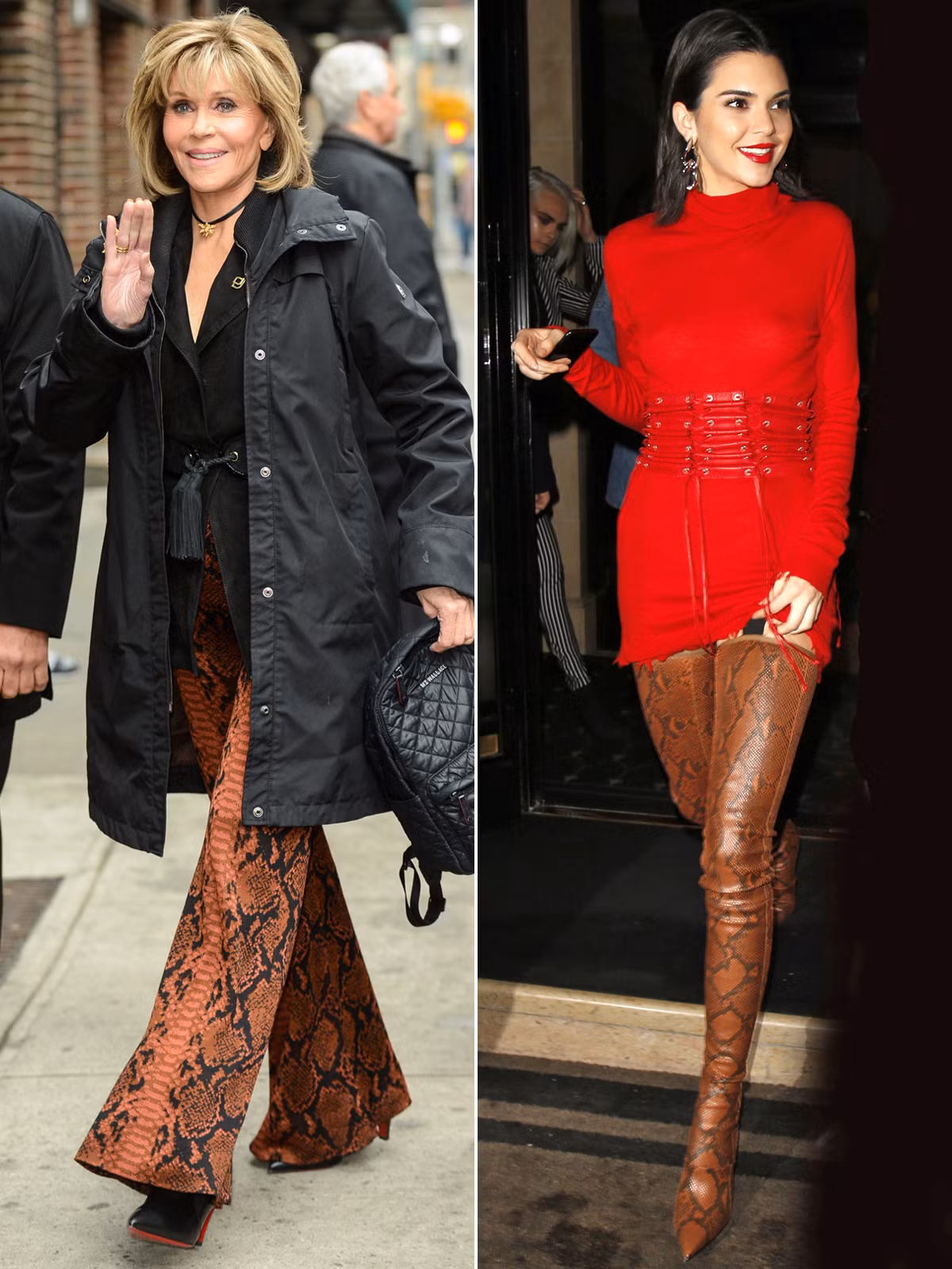 Cùng là họa tiết da rắn nhưng cách Jane Fonda kết hợp lại được khen đẹp hơn người mẫu trẻ Kendall Jenner. Bà chọn chiếc quần ống loe họa tiết da rắn kết hợp với chiếc áo khoác và áo bên trong màu đen khiến chiếc quần càng nổi bật. (Ảnh: Rex)