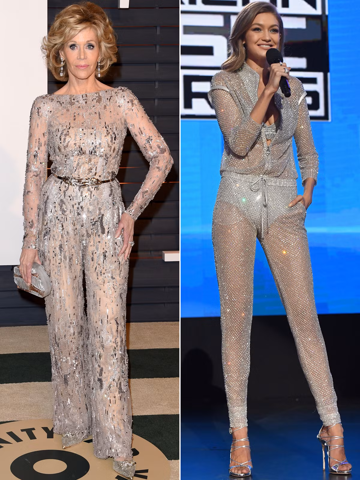 Cùng style jumpsuit xuyên thấu nhưng rõ ràng bộ jumpsuit Zuhair Murad mà Jane Fonda mặc đẹp hơn hẳn bộ jumpsuit Versace của người mẫu Gigi Hadid. (Ảnh: FilmMagic)