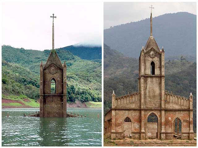  2. Potosi, Venezuela: Không có quyền lực nào trên thế giới có thể cạnh tranh với sức mạnh của thiên nhiên và trong trường hợp này, hiện tượng El Niño xuất hiện nhấn chìm toàn bộ thành phố trong suốt 30 năm. Potosi là một thị trấn nhỏ ở Venezuela đã bị chính quyền địa phương cố tình ngập lụt để xây dựng một đập thủy điện vào năm 1985. Khoảng 30 năm sau, mực nước giảm đáng kể do hạn hán mà hiện tượng El Nino gây ra khiến cả thành phố nổi lên. Thế nhưng những gì mà mọi người nhìn thấy chỉ có một cây thánh giá bên trên nhà thờ.