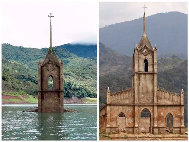  2. Potosi, Venezuela: Không có quyền lực nào trên thế giới có thể cạnh tranh với sức mạnh của thiên nhiên và trong trường hợp này, hiện tượng El Niño xuất hiện nhấn chìm toàn bộ thành phố trong suốt 30 năm. Potosi là một thị trấn nhỏ ở Venezuela đã bị chính quyền địa phương cố tình ngập lụt để xây dựng một đập thủy điện vào năm 1985. Khoảng 30 năm sau, mực nước giảm đáng kể do hạn hán mà hiện tượng El Nino gây ra khiến cả thành phố nổi lên. Thế nhưng những gì mà mọi người nhìn thấy chỉ có một cây thánh giá bên trên nhà thờ.