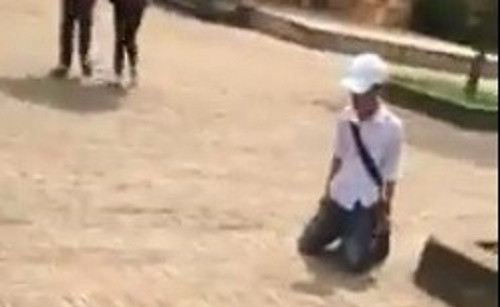 Hình ảnh nam sinh quỳ gối xin tình yêu cũng gây choáng (Ảnh cắt từ clip).