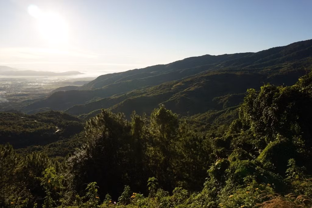 Và rồi chúng tôi cũng đã tới đỉnh đèo, thu vào tầm mắt khung cảnh tuyệt đẹp. Núi rừng, mây và ánh sáng mặt trời hoà quyện cùng nhau.