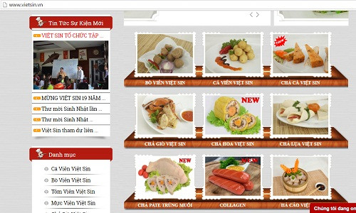 Các sản phẩm của Viet Sin được quảng cáo trên trang web.
