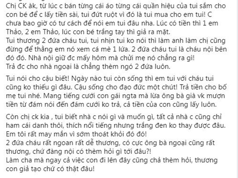 Chị gái của Thu Thảo nhắn nhủ em rể cũ: “Tôi nói cho cậu biết! Ngày nào tôi còn sống thì em tôi với cháu tôi cũng không thiếu gì đâu. Cậu sống cho đạo đức một chút! Trả tiền cho bố mẹ tôi nhé”. Ảnh: chụp màn hình