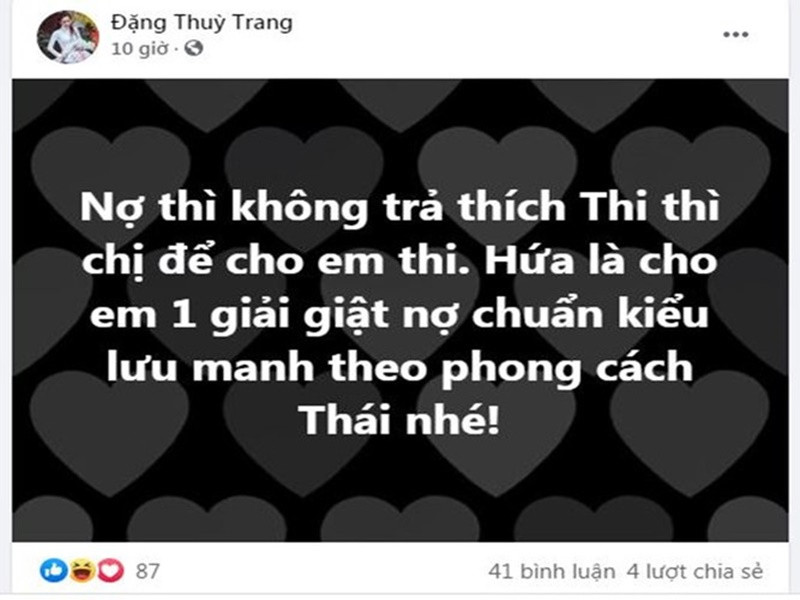 Gần đây, Thùy Trang khơi lại lùm xùm Thùy Tiên bị tố vay 1,5 tỷ không chịu trả sau thông tin người đẹp này đại diện Việt Nam thi nhan sắc quốc tế. Theo chị gái của Thu Thảo, đến nay, Thùy Tiên vẫn chưa chịu trả nợ. Thùy Trang cho biết nếu đòi được tiền sẽ làm từ thiện, còn nếu Thùy Tiên không trả, cô quyết không để yên, thậm chí dọa sẽ làm bẽ mặt với bạn bè quốc tế. Ảnh chụp màn hình