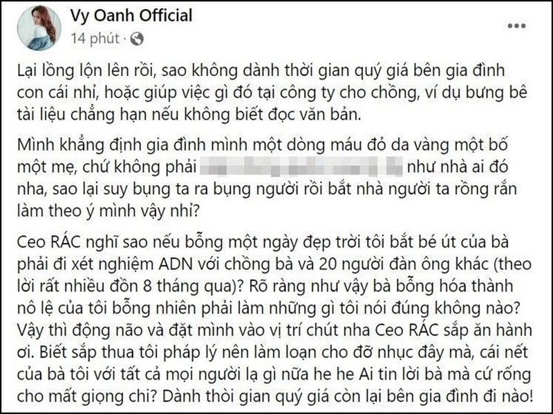 Trở lại lùm xùm với bà Phương Hằng, Vy Oanh bị nữ doanh nhân này yêu cầu thử ADN các con với 3 người vào ngày 8/11. Về phần mình, Vy Oanh đáp trả gay gắt. Ảnh: FB Vy Oanh