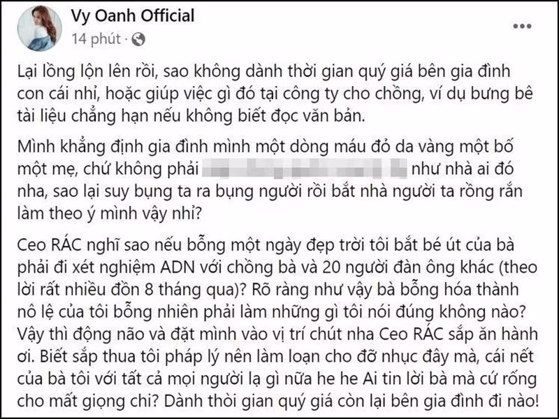 Trở lại lùm xùm với bà Phương Hằng, Vy Oanh bị nữ doanh nhân này yêu cầu thử ADN các con với 3 người vào ngày 8/11. Về phần mình, Vy Oanh đáp trả gay gắt. Ảnh: FB Vy Oanh