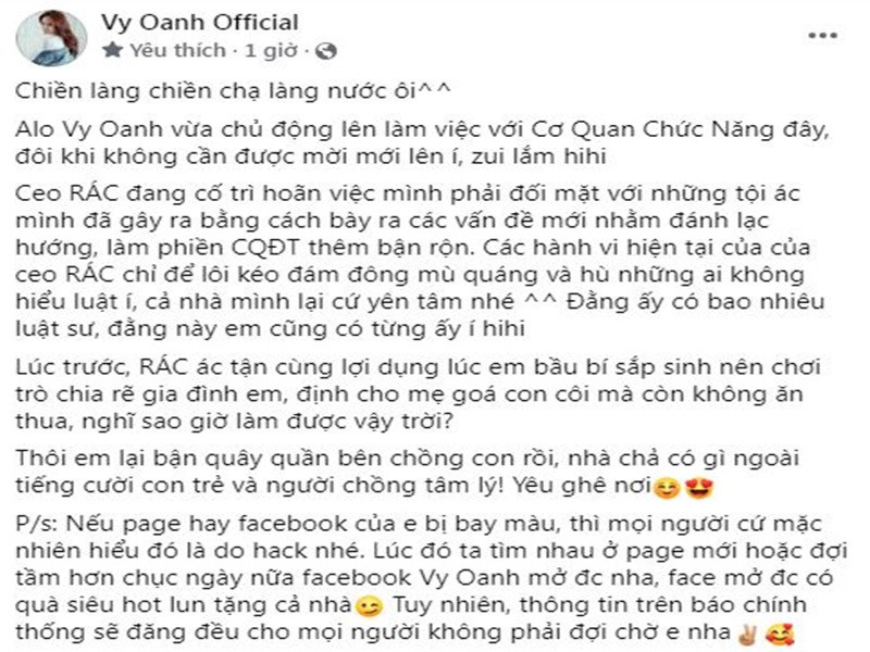 Trước thông tin bị bà Hằng dọa kiện, Vy Oanh đã lên tiếng. Tối ngày 9/11, nữ ca sĩ cho rằng bà Hằng chỉ muốn lôi kéo đám đông, đánh lạc hướng dư luận. "Đằng ấy có bao nhiêu luật sư, đằng này em cũng có từng ấy. Lúc trước CEO lợi dụng lúc em bầu bí sắp sinh nên chơi trò chia rẽ gia đình em mà còn không ăn thua, nghĩ sao giờ làm được vậy trời", Vy Oanh nói thêm.