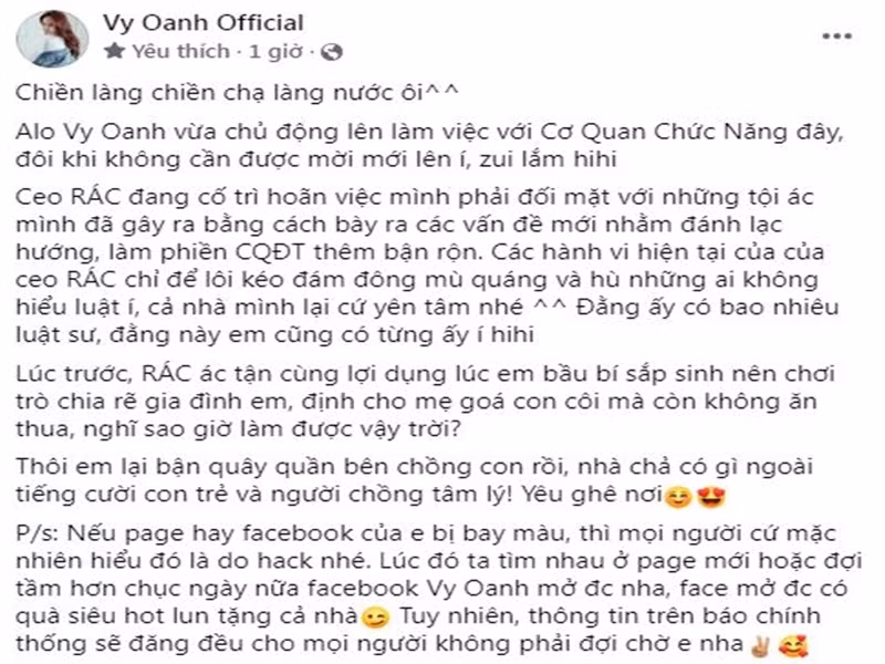 Trước thông tin bị bà Hằng dọa kiện, Vy Oanh đã lên tiếng. Tối ngày 9/11, nữ ca sĩ cho rằng bà Hằng chỉ muốn lôi kéo đám đông, đánh lạc hướng dư luận. "Đằng ấy có bao nhiêu luật sư, đằng này em cũng có từng ấy. Lúc trước CEO lợi dụng lúc em bầu bí sắp sinh nên chơi trò chia rẽ gia đình em mà còn không ăn thua, nghĩ sao giờ làm được vậy trời", Vy Oanh nói thêm.