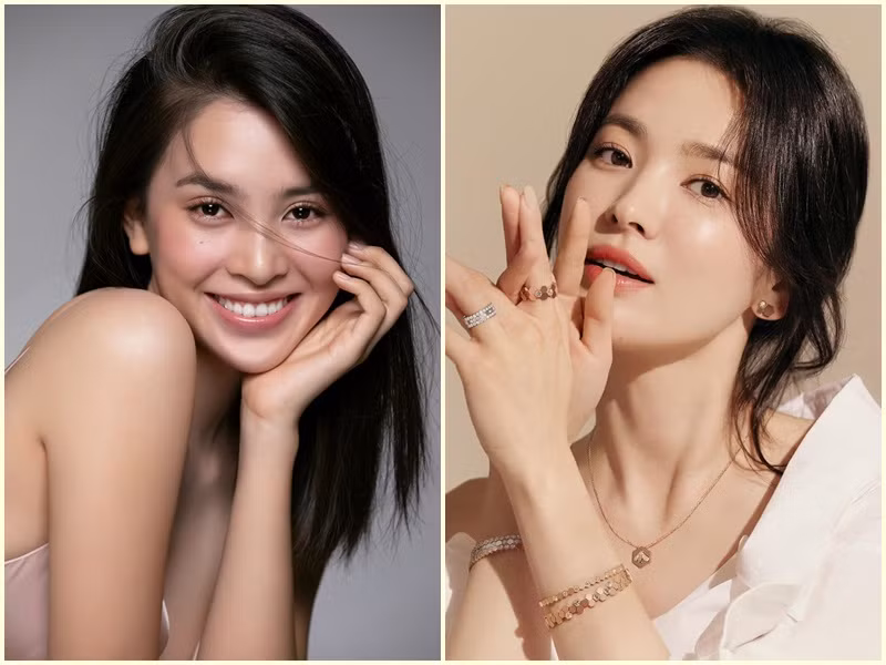 Gương mặt của Tiểu Vy và Song Hye Kyo cân xứng. Ngoài ra, đôi môi gợi cảm, mũi thanh tú, nước da mịn, ánh mắt trong veo giúp gương mặt của cả hai càng thêm cuốn hút. Ảnh: VOV, Fanpage Song Hye Kyo