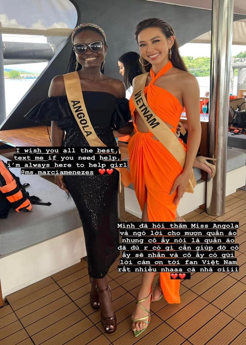 Thùy Tiên tỏ ra thân thiện với các thí sinh khác tại cuộc thi. Mới đây, Thùy Tiên chia sẻ, cô đã hỏi thăm và ngỏ lời cho đại diện Angola mượn quần áo. Tuy nhiên, người đẹp Angola cho biết, cô đã đủ trang phục nếu cần giúp đỡ sẽ nhắn tin với Thùy Tiên. Ảnh: FB Thùy Tiên