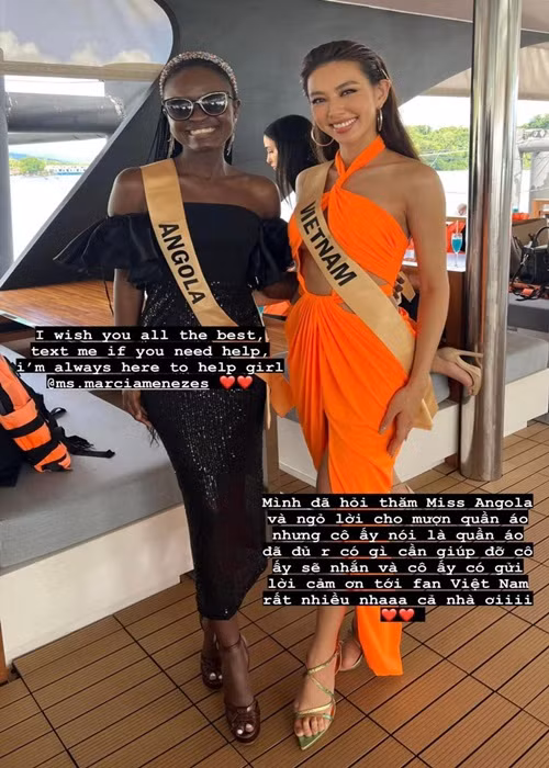 Thùy Tiên tỏ ra thân thiện với các thí sinh khác tại cuộc thi. Mới đây, Thùy Tiên chia sẻ, cô đã hỏi thăm và ngỏ lời cho đại diện Angola mượn quần áo. Tuy nhiên, người đẹp Angola cho biết, cô đã đủ trang phục nếu cần giúp đỡ sẽ nhắn tin với Thùy Tiên. Ảnh: FB Thùy Tiên