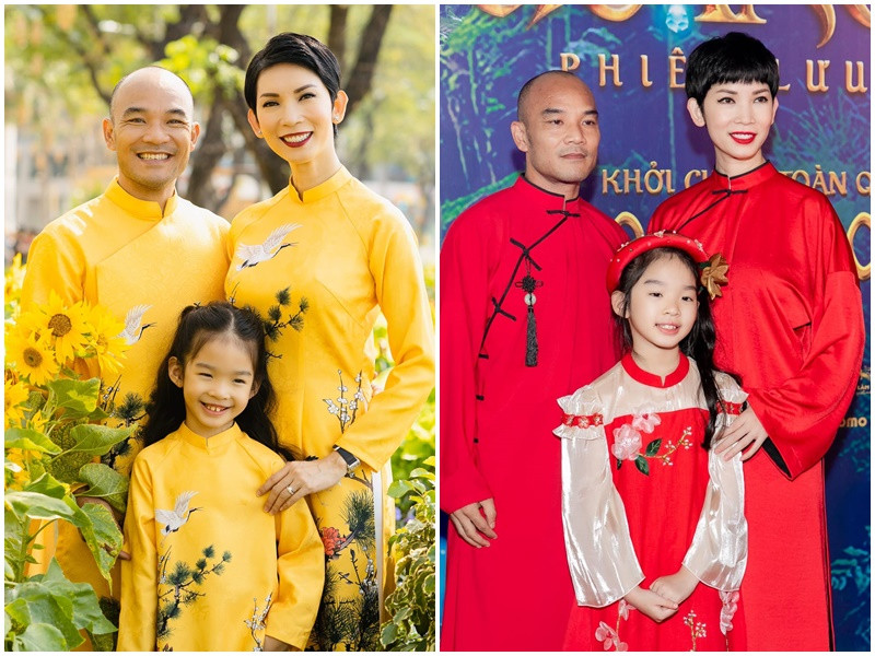 Vợ chồng Xuân Lan cùng mặc áo dài dịp Tết và dự một buổi ra mắt phim. Ảnh: FB Ngọc Lân, Xuân Lan