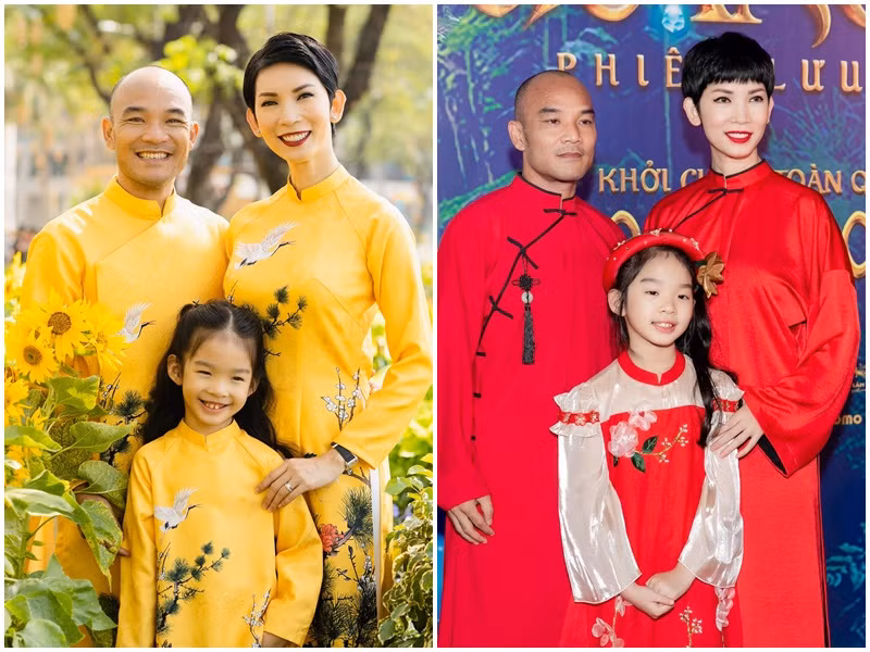 Vợ chồng Xuân Lan cùng mặc áo dài dịp Tết và dự một buổi ra mắt phim. Ảnh: FB Ngọc Lân, Xuân Lan