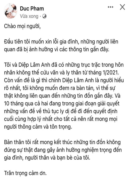Trước bữa tiệc sinh nhật của các con, vào chiều ngày 31/10, trên trang cá nhân, Đức Phạm cho biết, vợ chồng anh ly thân từ tháng 1/2021 và đang hoàn tất thủ tục ly hôn. Sau status này, Đức Phạm bất ngờ khóa trang cá nhân. Đến hiện tại, chồng Diệp Lâm đã mở lại trang cá nhân. Ảnh chụp màn hình