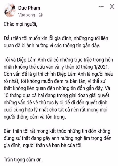 Trước bữa tiệc sinh nhật của các con, vào chiều ngày 31/10, trên trang cá nhân, Đức Phạm cho biết, vợ chồng anh ly thân từ tháng 1/2021 và đang hoàn tất thủ tục ly hôn. Sau status này, Đức Phạm bất ngờ khóa trang cá nhân. Đến hiện tại, chồng Diệp Lâm đã mở lại trang cá nhân. Ảnh chụp màn hình