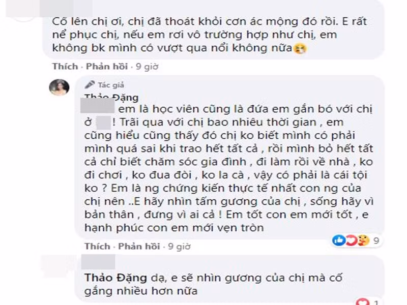 Dưới bài đăng, trò chuyện cùng một người em, Thu Thảo cho biết, cô hy sinh nhiều cho cuộc hôn nhân cũ. “Chị không biết mình có phải mình quá sai khi trao hết tất cả, rồi mình bỏ hết tất cả chỉ biết chăm sóc gia đình, đi làm rồi về nhà, không đi chơi, không đua đòi, không la cà. Vậy có phải là cái tội không?”, Thu Thảo tâm sự.