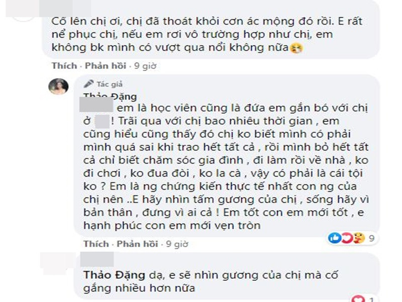 Dưới bài đăng, trò chuyện cùng một người em, Thu Thảo cho biết, cô hy sinh nhiều cho cuộc hôn nhân cũ. “Chị không biết mình có phải mình quá sai khi trao hết tất cả, rồi mình bỏ hết tất cả chỉ biết chăm sóc gia đình, đi làm rồi về nhà, không đi chơi, không đua đòi, không la cà. Vậy có phải là cái tội không?”, Thu Thảo tâm sự.