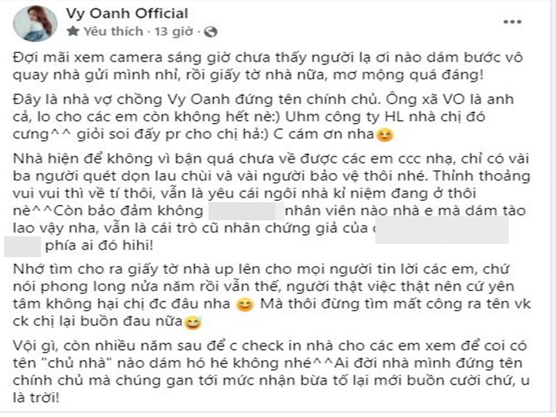 Gần đây, Vy Oanh bức xúc vì bị tố mượn biệt thự sống ảo. Nữ ca sĩ cho biết, biệt thự cô khoe là tài sản vợ chồng cô đứng tên chính chủ.