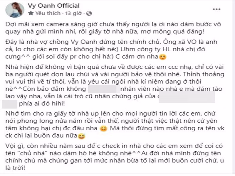 Gần đây, Vy Oanh bức xúc vì bị tố mượn biệt thự sống ảo. Nữ ca sĩ cho biết, biệt thự cô khoe là tài sản vợ chồng cô đứng tên chính chủ.