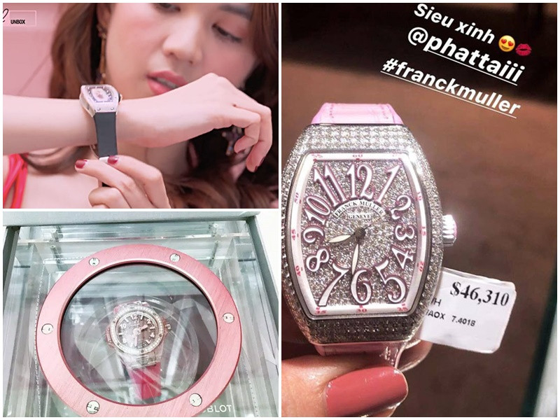 Ngọc Trinh có tủ đồ hiệu khủng. Riêng về đồng hồ, chân dài gốc Trà Vinh mạnh tay bỏ ra 4 tỷ sắm chiếc đồng hồ Richard Mille, 1,4 tỷ cho đồng hồ thuộc dòng Hublot Big Bang One Click Pink Sapphire Diamonds, hơn 1 tỷ cho đồng hồ Franck Muller. Hồi cuối tháng 3/2021, cô trình báo việc bị mất hơn chục chiếc đồng hồ trị giá hơn 10 tỷ. Ảnh: FB Ngọc Trinh