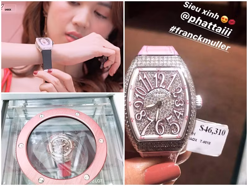 Ngọc Trinh có tủ đồ hiệu khủng. Riêng về đồng hồ, chân dài gốc Trà Vinh mạnh tay bỏ ra 4 tỷ sắm chiếc đồng hồ Richard Mille, 1,4 tỷ cho đồng hồ thuộc dòng Hublot Big Bang One Click Pink Sapphire Diamonds, hơn 1 tỷ cho đồng hồ Franck Muller. Hồi cuối tháng 3/2021, cô trình báo việc bị mất hơn chục chiếc đồng hồ trị giá hơn 10 tỷ. Ảnh: FB Ngọc Trinh