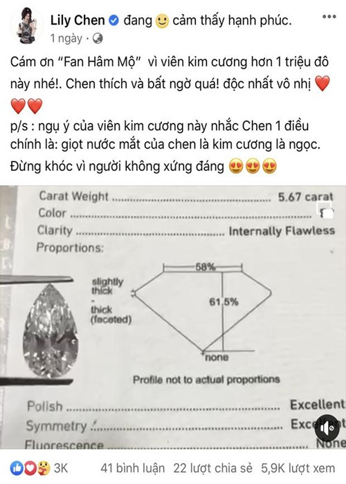 Cuối tháng 10 vừa qua, trên trang cá nhân, LiLy Chen bất ngờ khoe viên kim cương trị giá 1 triệu USD do một fan tặng. Tuy nhiên, ngay sau đó, bài đăng đã biến mất. Ảnh: Pháp luật và bạn đọc