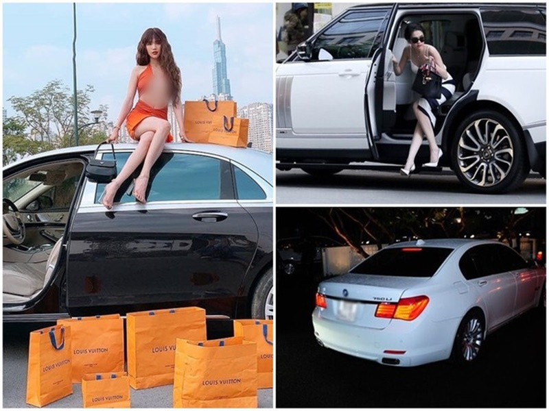 Ngọc Trinh thường xuyên đi siêu xe. Cô sử dụng chiếc Mercedes-Maybach S650 trị giá 12 tỷ, chiếc Range Rover LWB giá 8 tỷ, BMW 750Li có giá 5 tỷ, Rolls-Royce Ghost Series I có giá hơn 10 tỷ. Ảnh: Lao động