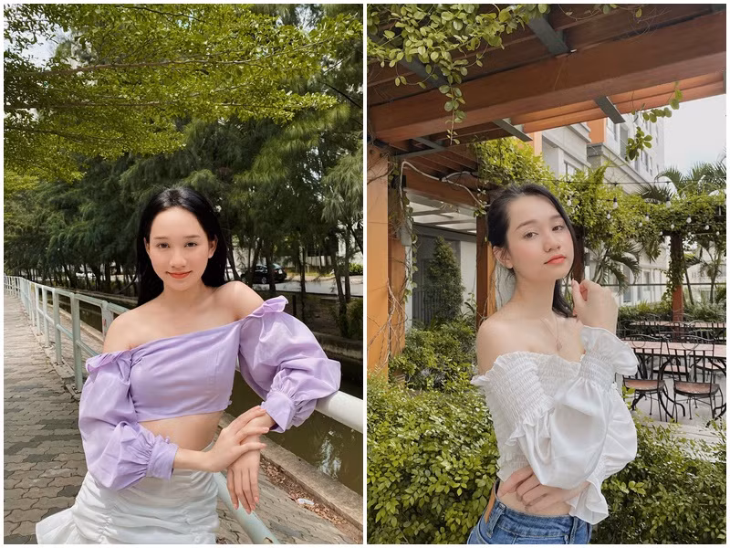 Ở đời thường, Trúc Anh chuộng áo trễ vai.