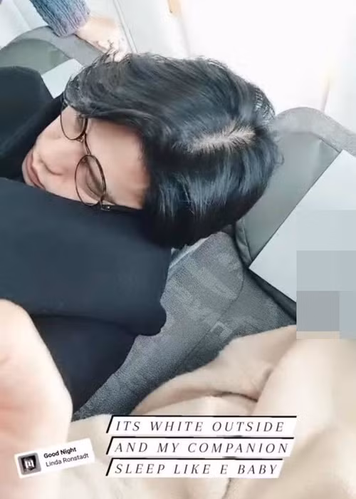 Ngô Thanh Vân chia sẻ, bên ngoài tuyết rơi trắng xóa và trên tàu, người bạn đồng hành của cô ngủ say sưa như một em bé.