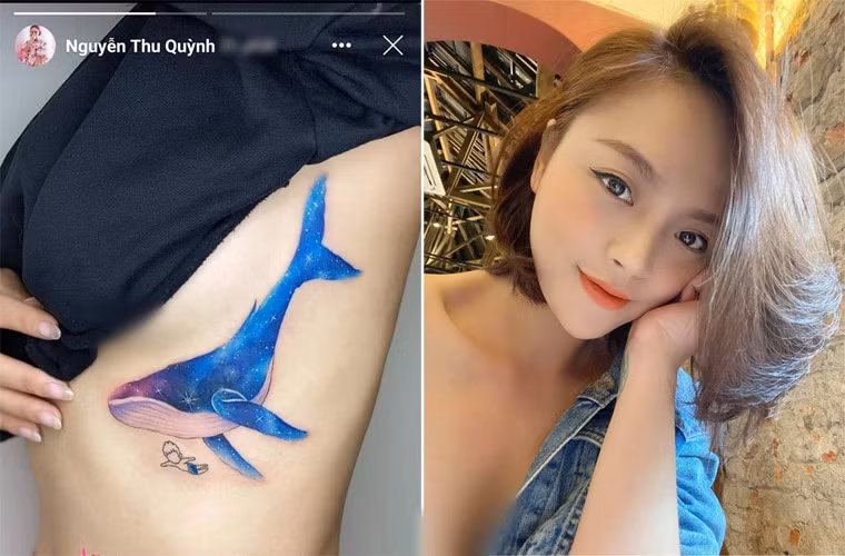 Hồi tháng 4/2021, Thu Quỳnh từng khoe hình xăm cá heo xanh và em bé ở chân ngực.